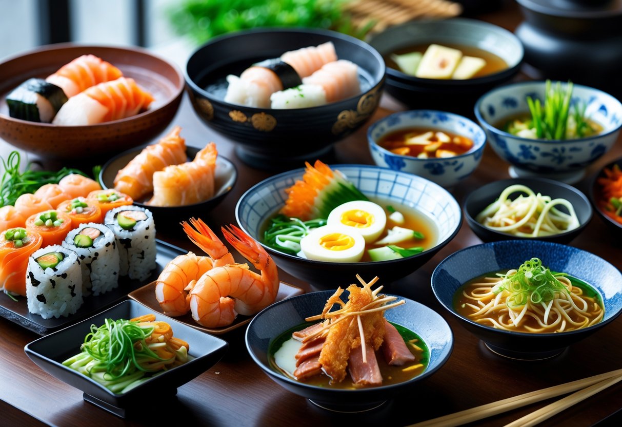 Mesa com pratos tradicionais regionais do Japão, incluindo sushi, sashimi, sopa de miso, tempura e ramen, dispostos de forma atraente.