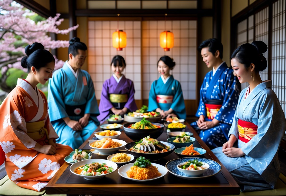 Pessoas vestindo trajes tradicionais japoneses em volta de uma mesa com pratos típicos do Japão, como sushi, tempura e ramen, em um ambiente decorado com elementos culturais japoneses.