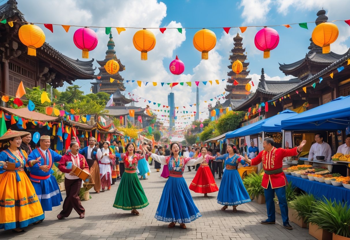 Pessoas de diversas culturas celebrando juntas em um festival cultural ao ar livre com trajes tradicionais, música e dança.