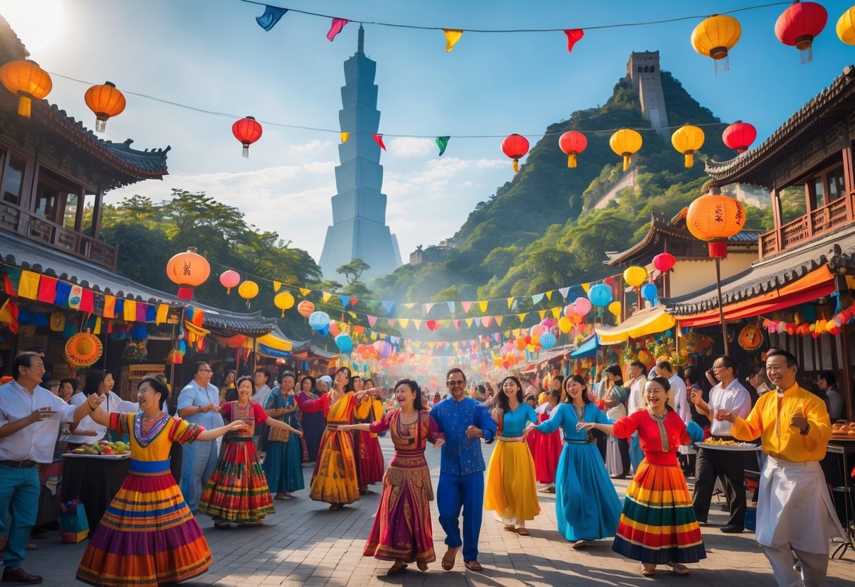 Pessoas de diferentes culturas celebrando juntas em um festival cultural internacional ao ar livre, com trajes tradicionais, danças e decorações coloridas ao fundo.