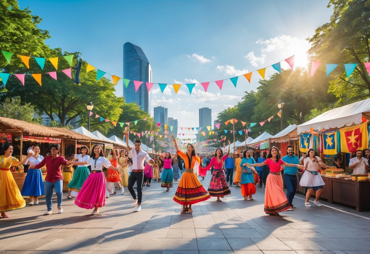 Pessoas diversas aproveitando um festival cultural ao ar livre com música, dança, barracas de comida e decoração colorida em um parque urbano.
