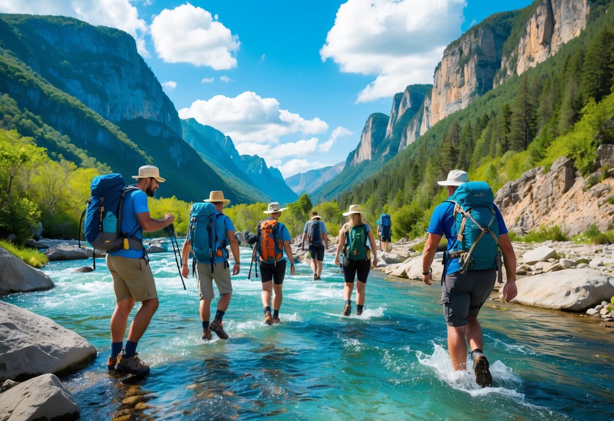 Grupo de viajantes explorando uma paisagem natural com montanhas verdes, rio cristalino e céu azul, praticando turismo de aventura.