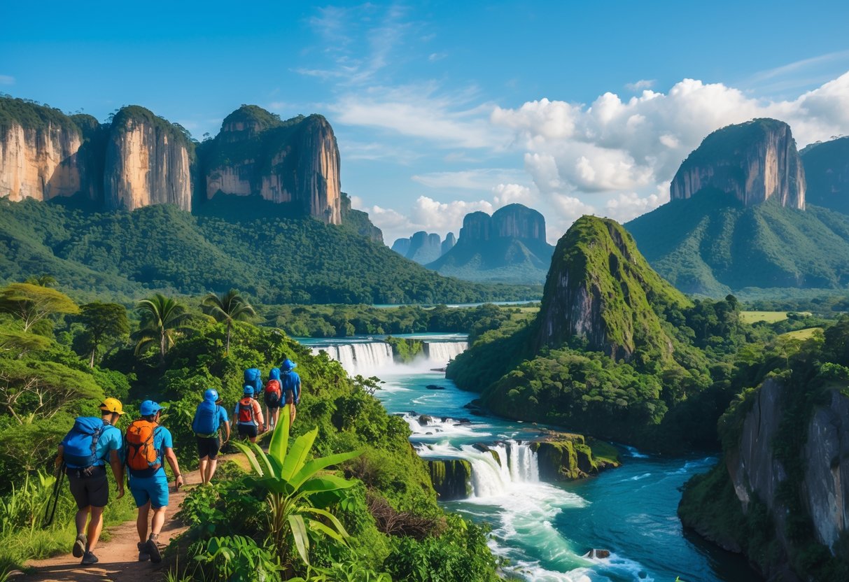 Grupo de pessoas praticando atividades de aventura em paisagens naturais brasileiras, incluindo floresta, cachoeira e montanhas.