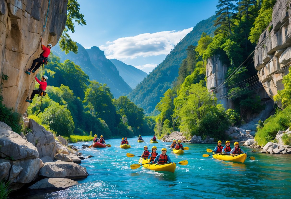 Grupo de turistas praticando atividades de aventura ao ar livre, como escalada, tirolesa e caiaque em um cenário natural com árvores, montanhas e rio.