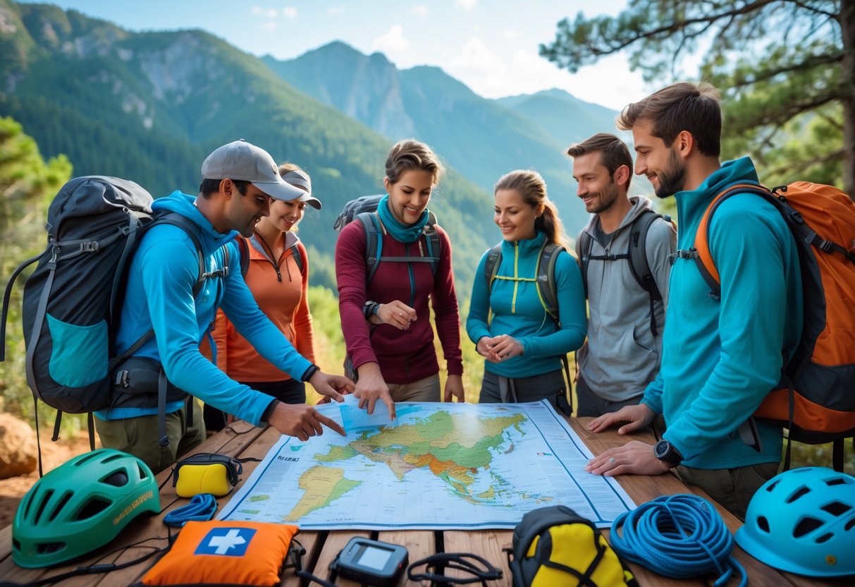 Grupo de pessoas ao ar livre planejando uma aventura com mapa e equipamentos de segurança em uma paisagem natural com montanhas e floresta ao fundo.