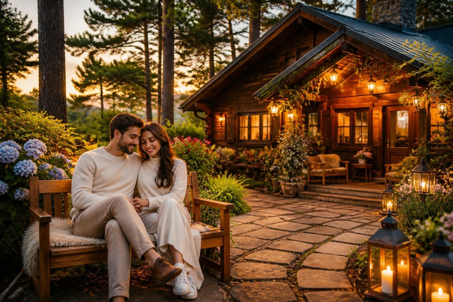 Casal sentado em um banco de madeira em um jardim com uma pousada rústica ao fundo, cercada por árvores e flores em Gramado.