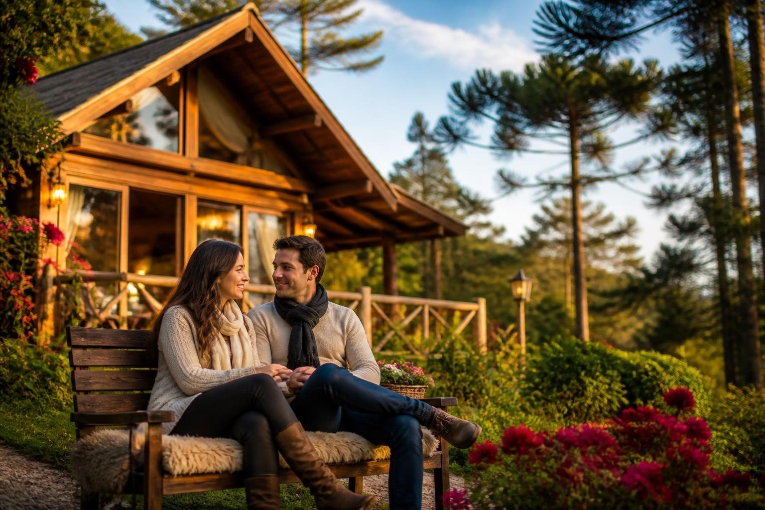 Casal sentado em um banco de madeira em frente a uma pousada rústica cercada por árvores e flores em Gramado.