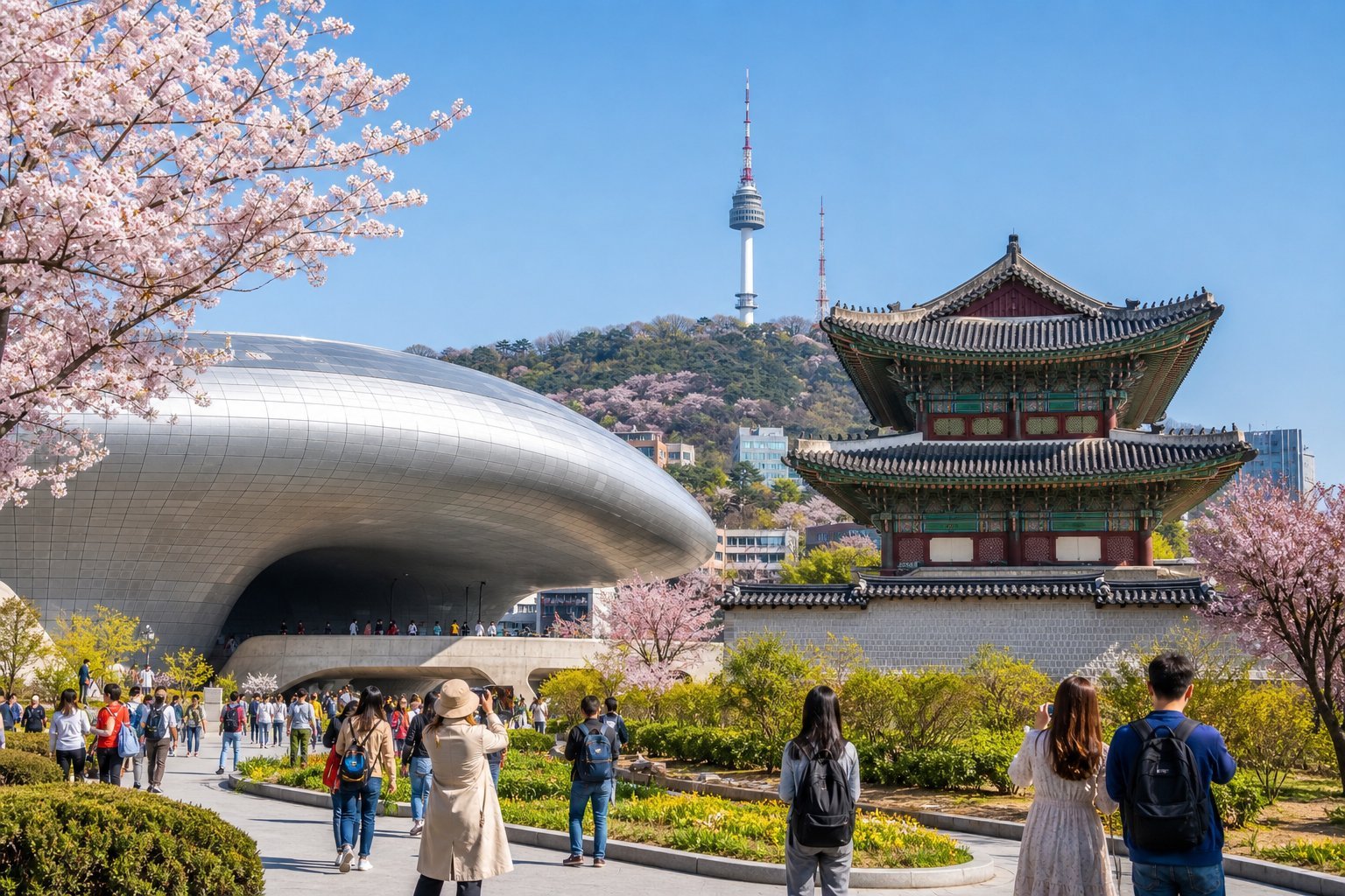 Vista de pontos turísticos famosos de Seul, incluindo o Palácio Gyeongbokgung, a Torre N de Seul e o Dongdaemun Design Plaza, com turistas caminhando e árvores floridas ao redor.