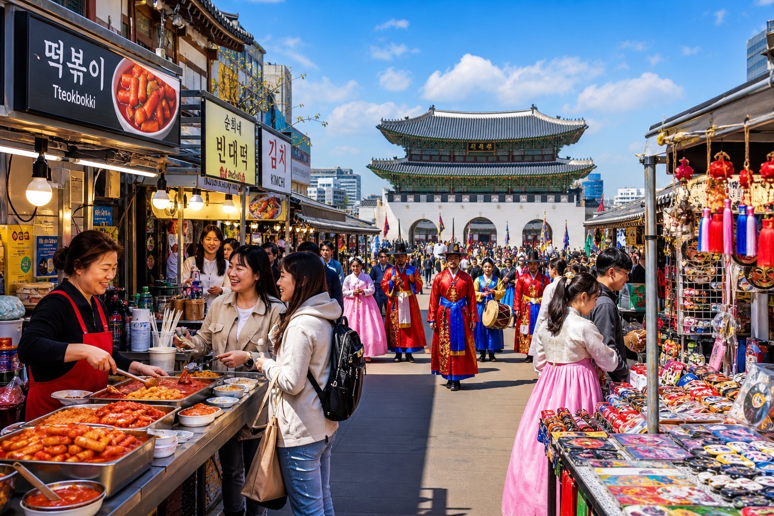 Mercado tradicional movimentado em Seul com barracas coloridas, vendedores de comida de rua e pessoas vestindo roupas tradicionais coreanas perto de um palácio histórico.