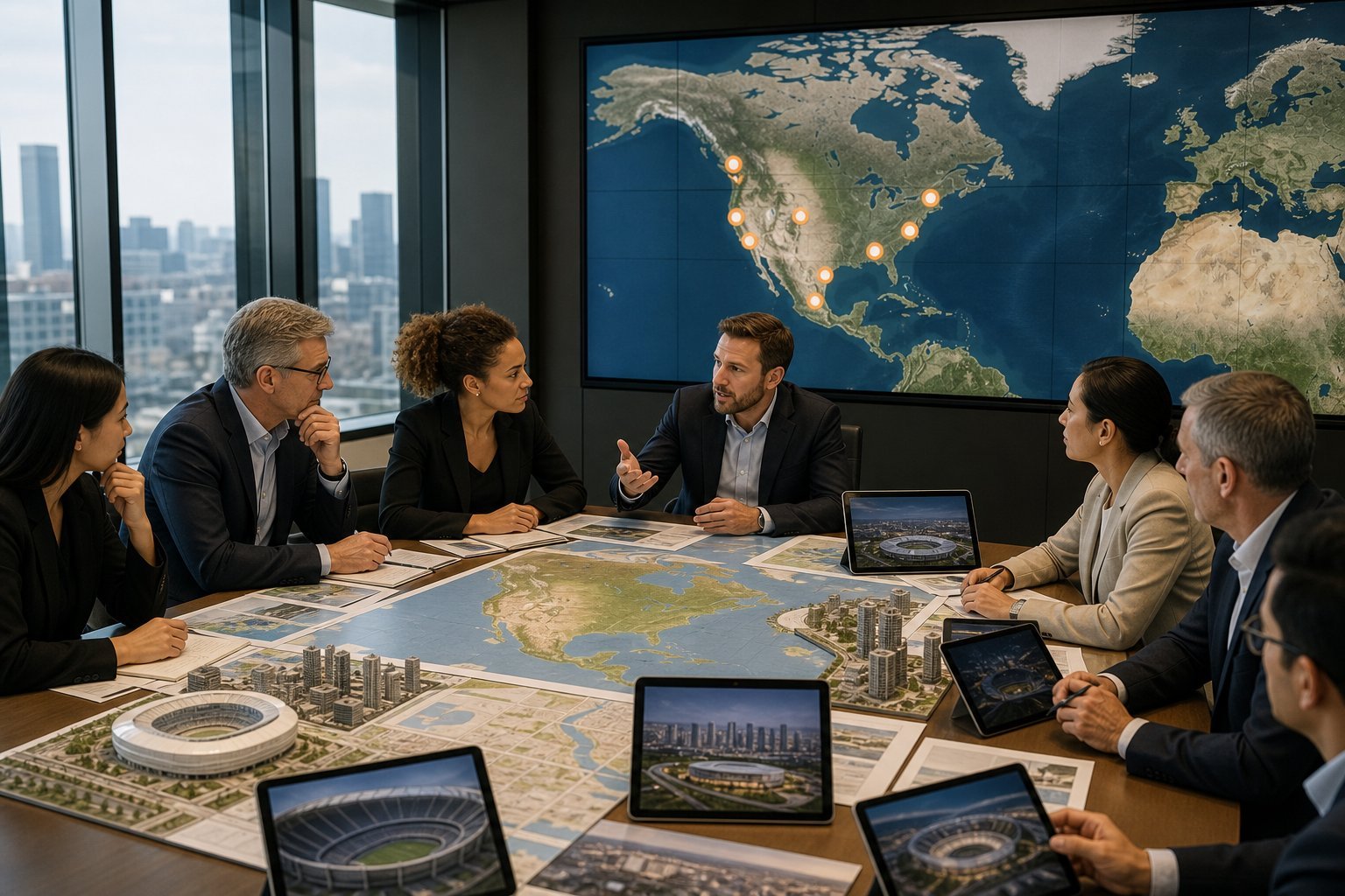 Pessoas reunidas em uma sala de conferências analisando mapas e modelos de cidades para a seleção das cidades-sede da Copa do Mundo 2026.