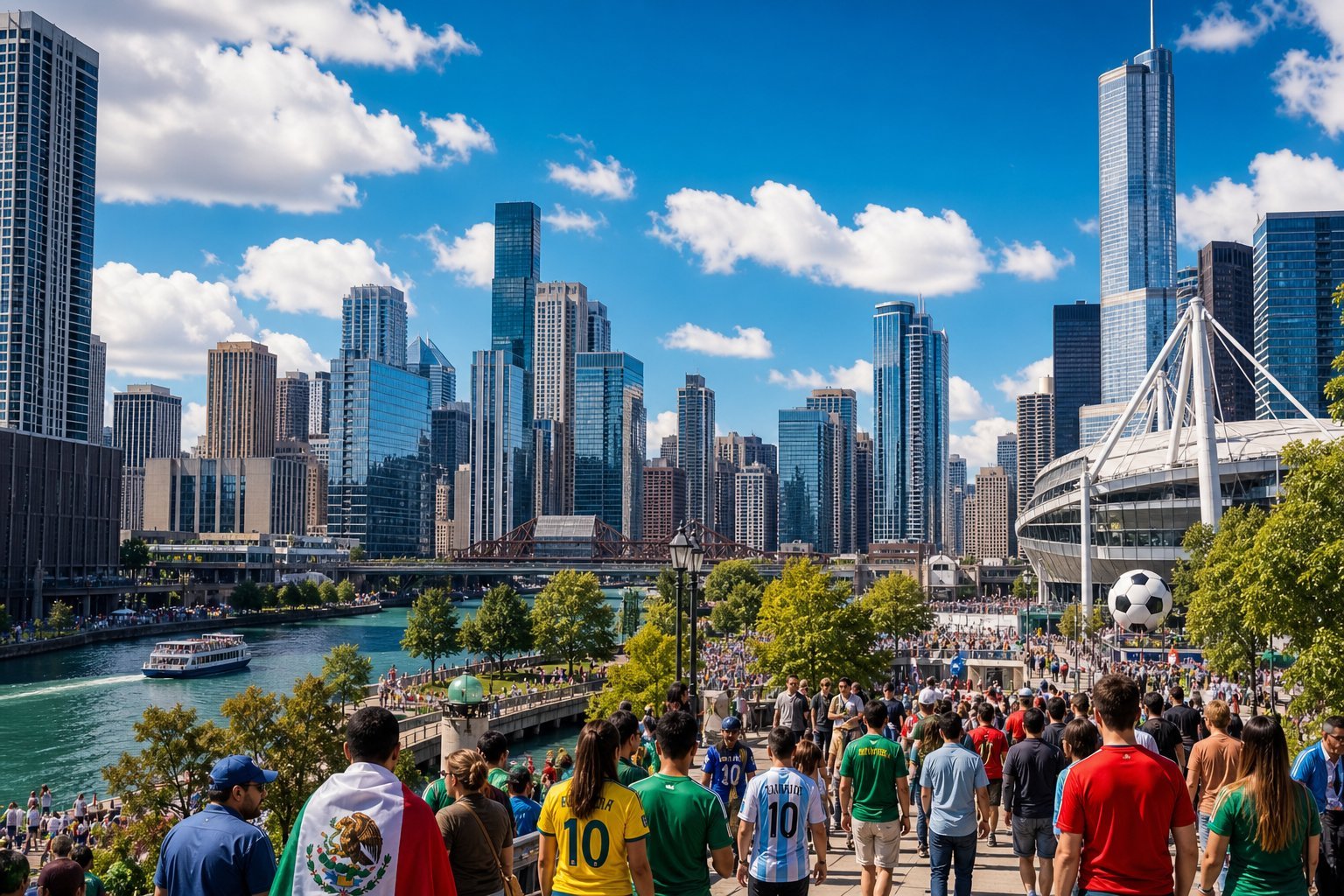 Vista panorâmica de várias cidades modernas com arranha-céus, ruas movimentadas e pessoas celebrando, representando as principais cidades-sede da Copa do Mundo 2026.