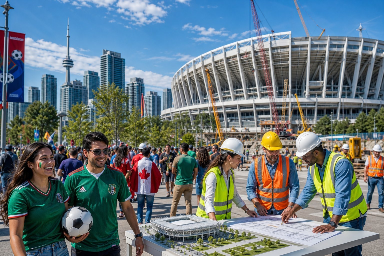 Cena de uma cidade-sede da Copa do Mundo 2026 mostrando construções, pessoas trabalhando e torcedores animados em um ambiente urbano.