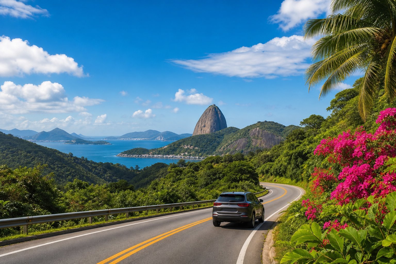 Estrada sinuosa cercada por vegetação tropical verde com um carro moderno dirigindo sob um céu azul com nuvens, com colinas ao fundo.