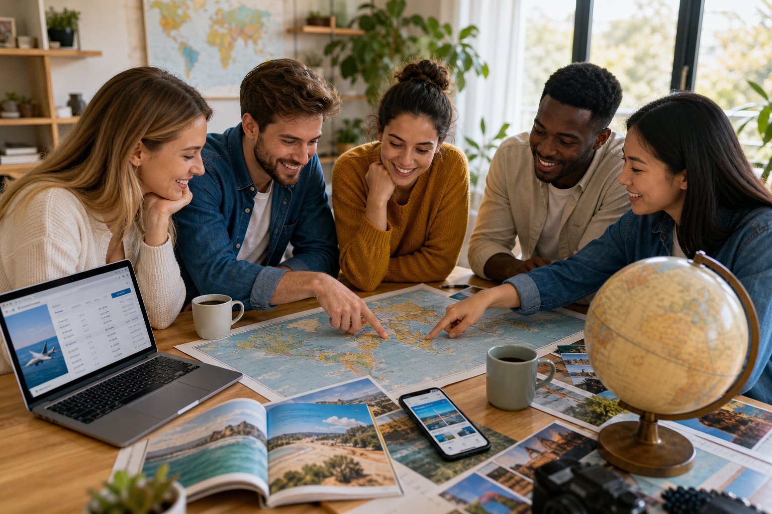 Grupo de pessoas reunidas em torno de uma mesa com mapas e dispositivos eletrônicos, planejando viagens econômicas para 2026.