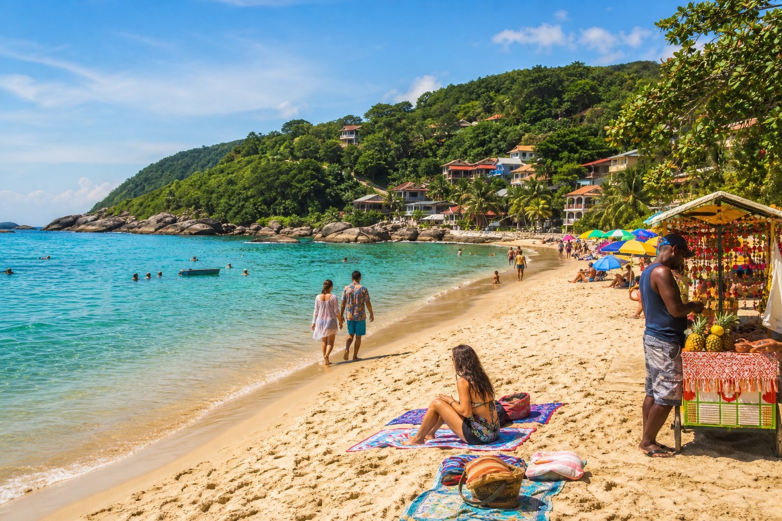 Praia ensolarada com areia dourada, água turquesa, pessoas aproveitando atividades econômicas e barracas de vendedores locais ao fundo.