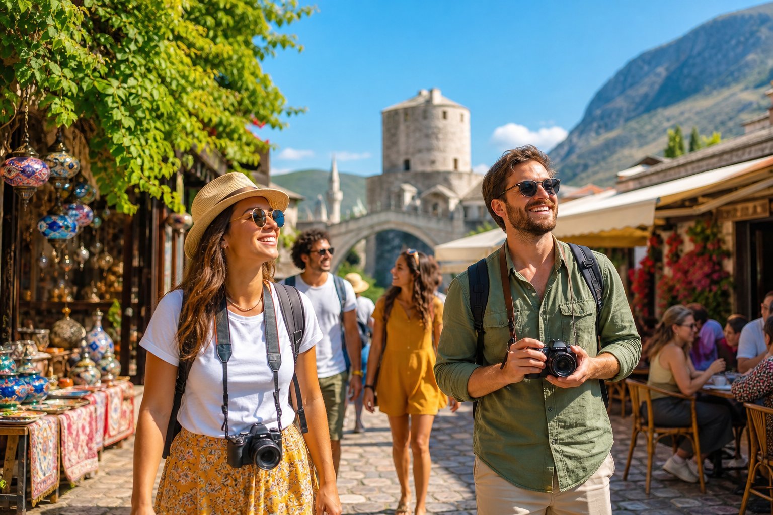 Grupo de viajantes felizes explorando um destino internacional acessível com pontos turísticos ao fundo em um dia ensolarado.