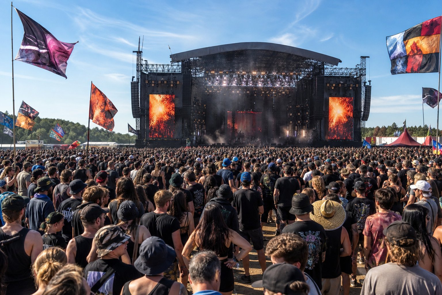 Multidão animada em um grande festival de música ao ar livre com palco, iluminação e barracas ao fundo.