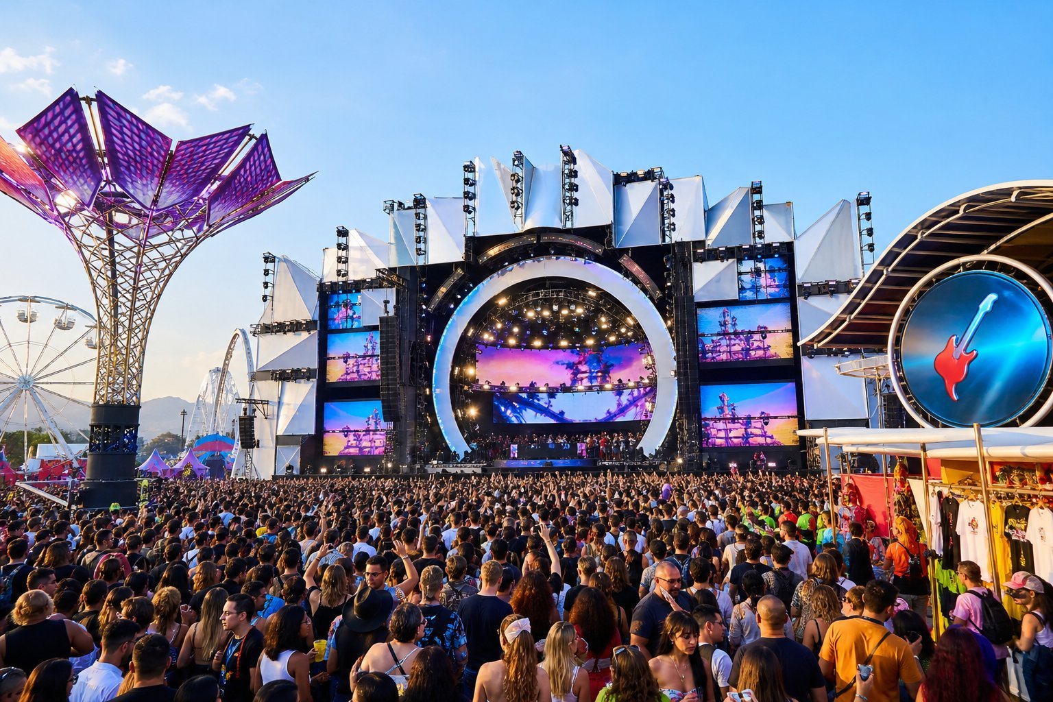 Multidão animada em um grande festival de música ao ar livre com palco moderno e elementos do evento Rock in Rio 2026.